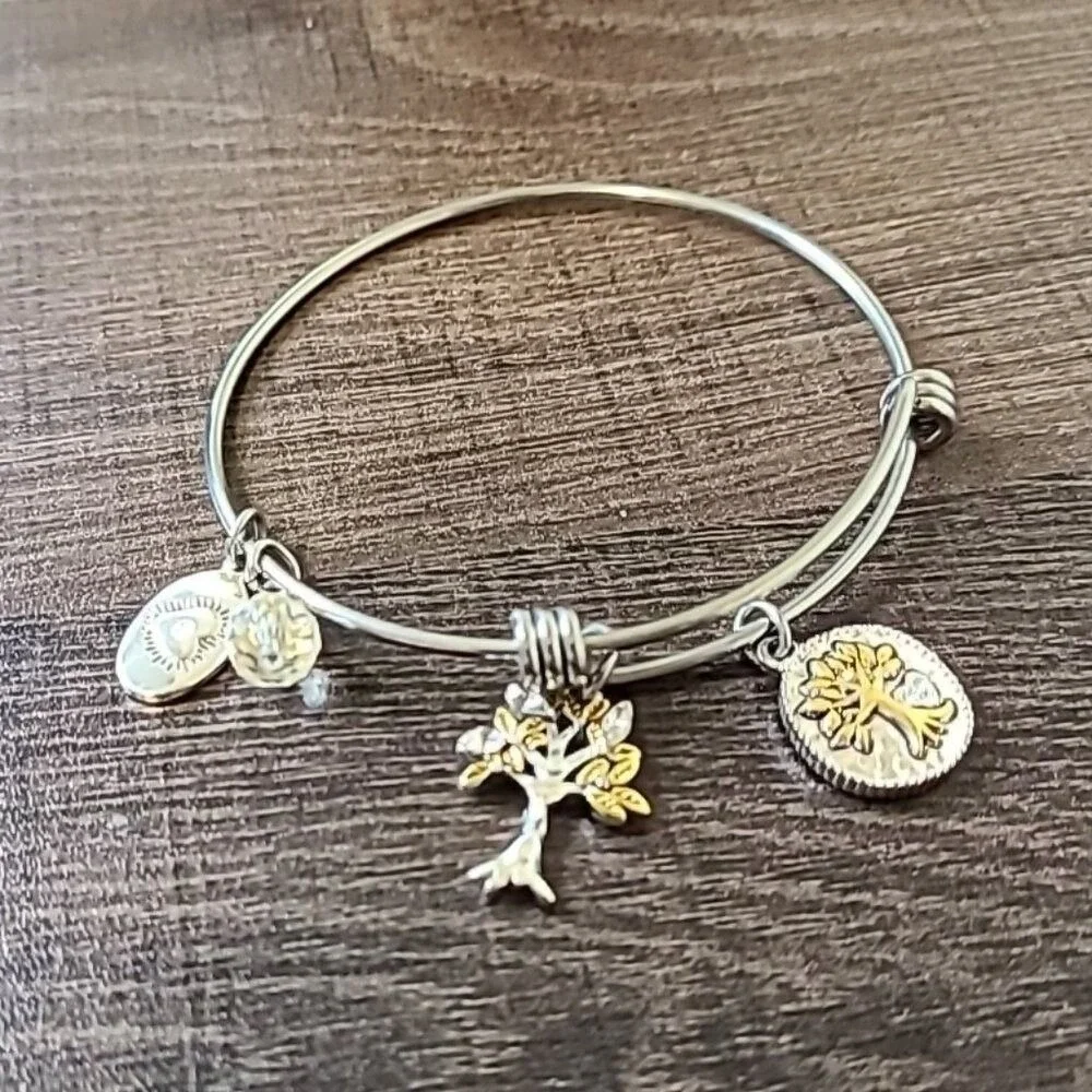 Footnotes Tree of Life‎ Expandable Bangle Bracelet Silver Gold Tone Charms